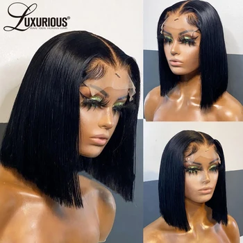 13x4 черни къси перука-боб за жени, перука, изработени от естествени Бразилски естествени човешки косми HD, Прозрачна дантела пред перука, предварително выщипанный