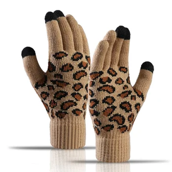 2022 Топли Зимни ръкавици, Дамски плетени калъф за ръкавици с леопардовым принтом и сензорен екран Мъжки Ръкавици За мобилен телефон Коледен подарък
