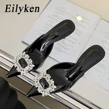 Eilyken, Нов дизайн, дамски джапанки на тънък ток, с кристали, Модни дамски обувки с остри пръсти, за банкета и на бала