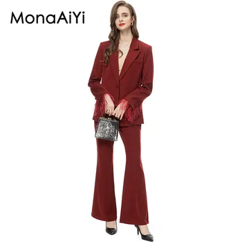 MonaAiYi 2023, най-Новите модни Дизайнерски дамски лента-маншет с ревери, тъмно-червен Блейзър, потник + панталон-клеш, комплект от 2 теми