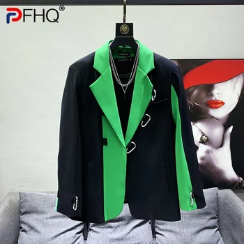 PFHQ Метален Дизайн на Якето На Копчета Мъжки Корейски Стилен Свободен Контрастен Цвят В стил Мозайка Индивидуално Палто, Сако Модерен 2023 Нова