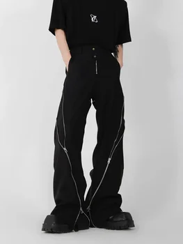 Американска модна марка мъжки черни панталони с цепка с цип, леко разкроена, вертикални директни ежедневни панталони в стил ретро