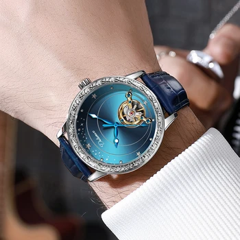 Бизнес Мъжки Механични часовници с турбийоном, луксозни водоустойчив часовник с светящимся автоматично кожена каишка, мъжки часовник relogios masculino