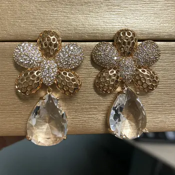 В два цвята прозрачен кристал с цвете цирконии, скъпа златна обица за жени