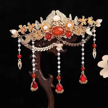 Дамски позлатени цветя, с пискюл на заколке за коса, китайските древни шапки