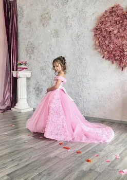 Дантелени на много нива рокля с цветен модел за момичета-цветочниц с открити рамене, бална рокля принцове за първо причастие, Абитуриентски бал, Мода 2023