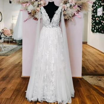 Елегантни сватбени рокли трапецовидна форма с V-образно деколте и дантела аппликацией Boho Beach на поръчка 2024 Vestido De Noival