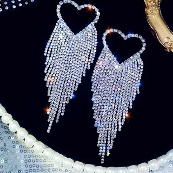 Жените Сребро 925 Проба Блестящ Пълен Циркон кристал Пискюл Големи обеци във формата на сърце Елегантна Луксозна Сватбена обица за парти Окачване в ухото