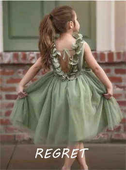 Зелени плажна рокля с цветя модел за момичета трапецовидна форма, детско принцеса рокля, Дантелени къдри, лък с дължина до коляното, булчинска къса рокля за абитуриентски бал в стил ретро 2022 г.