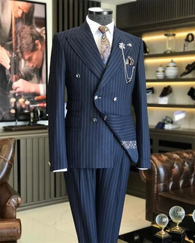 Костюм Homme Тъмно-синьо райе с 2 вентилационни отвори Мъжки костюм, Мъжки блейзър Панталони, комплекти за Бизнес офис облекло Официалната парти Смокинг младоженеца