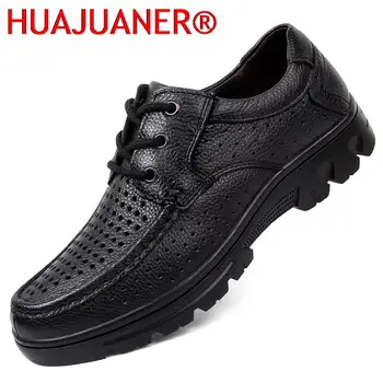 Лятна мъжки ежедневни обувки, дишаща лоферы дантела от естествена телешка кожа, класически мъжки черни обувки на равна платформа, Големи размери 37-50