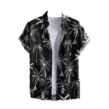 Лятна плажна риза в стил тропическа ваканция, мъжка риза с цифрово принтом на кокосовата палма, однобортный жилетка с ревери, за плажа