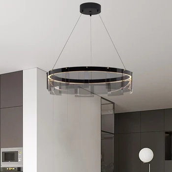 Модерен led окачен лампа в минималистичном стил От черно прозрачно стъкло Пръстен Висящи осветителни тела За хол, трапезария, Вестибюл