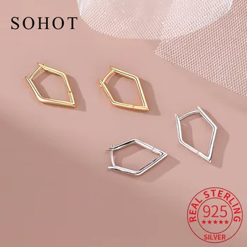 Модерни обеци-халки от истинско сребро проба 925 и злато 18 карата с геометричен модел за жени, класически изящни бижута, минималистичные аксесоари