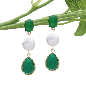 Модни дамски обеци със зелен сладководните перли, зелени висящи обици-висулки от естествен камък Brinco Oorbellen, коледен подарък