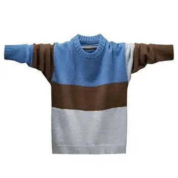 Мъжки ежедневни трикотаж, мъжко вязаный пуловер с цветни блокчета, кръгли силует, дълъг ръкав, еластичен дебел пуловер за средата на есента-зимата