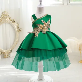 Нов Коледен костюм Без ръкави, Зелени вечерни рокли с флорални влак за момичета, однотонная облекло принцеса, детски рокли 3-10 години