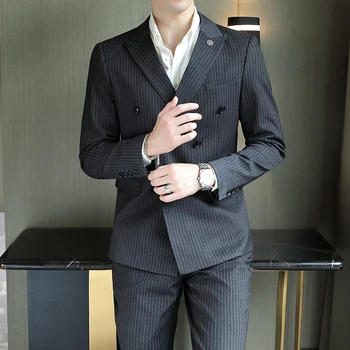 Нов мъжки костюм Four seasons (костюм + панталон, модерен бизнес костюм на райета, корейски модерен всекидневен костюм, красив официален костюм-двойка