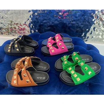 Нови дизайнерски Летни Сандали за улицата, популярни римски джапанки с луксозни женски плажни сандали с нитове