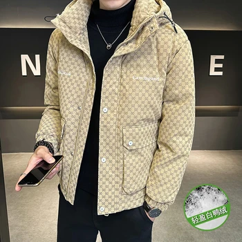 Ново зимно памучни палто с принтом азбука, мъжко яке с качулка, Топло кратък случайни тенденция на открито, Универсално пуховое палто M-3XL