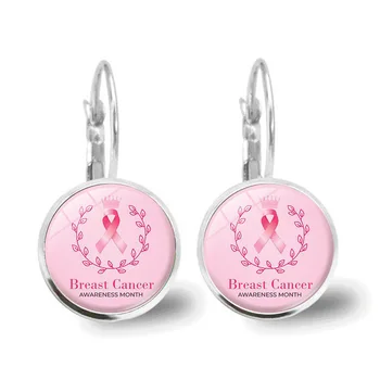 Обеци с висулки от рак на гърдата за жени, Ден на информираността за рака на гърдата за момичета, стъклени обеци-кабошоны, модни бижута подарък