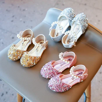 Обувки за момичета, вечерни обувки на принцесата с перли, детски лъскави обувки на плоска подметка, пролетно-есенни обувки на плоска подметка, от изкуствена кожа.