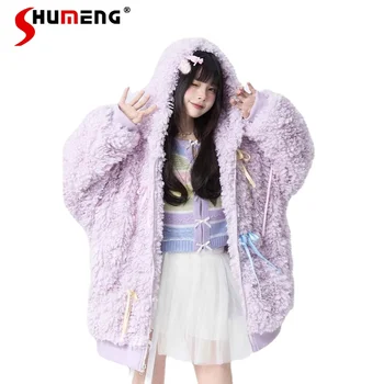 Прекрасно лилаво палто с обемен лък от овче кожа с качулка, есенно-зимни дизайнерски паркове с памучна подплата в корейски стил