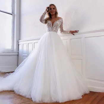 Прозрачно дантелено сватбена рокля с V-образно деколте и дълги ръкави, илюзорната им облегалка на копчета, сватбени рокли за партита А-силует 2023