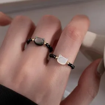 Пръстен с естествен Лунен камък и обсидианом, мъниста, Минималистичное пръстен-непоседа Ръчно изработени, Сладко Черно-бяло пръстен с котка, дамски аксесоари за партита, бижута