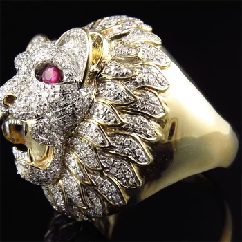 Реколта Златни пръстени с Лъв и животни за мъже, Модни бижута Сватба от червен камък с инкрустация метал