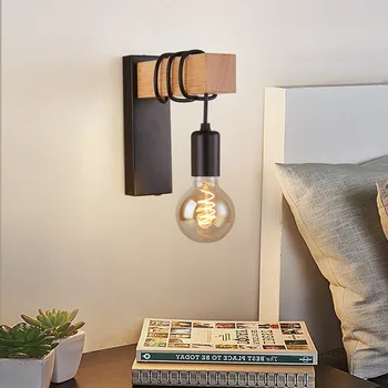 Ретро стенен лампа от желязната дърво E27, модерен, скандинавски вътрешни стенни, монтиран на стената лампа за дома, Трапезария, Прикроватное осветление в спалнята