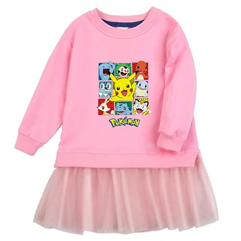 Сладък костюм Pokemon Пикачу за момичета на вси, Y2K Kawaii, детска рокля с дълъг ръкав, аниме, есенни вечерни рокли за момичета, детски дрехи за момичета