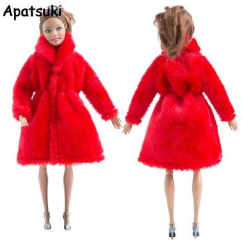 Червена зимни дрехи, топло палто за Барби кукли, дрехи за кукли от кожа, куклено рокля, облекло за кукли Барби 1/6, аксесоари за кукли BJD играчка