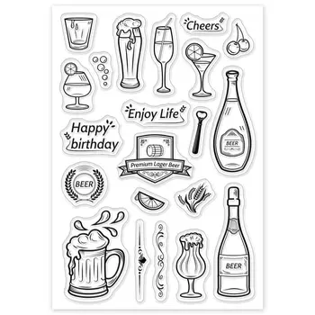 Честит рожден Ден, бирена прозрачни печати, прозрачен силиконов печат, сок от чаши за вино, за производство на пощенски картички, декорации и scrapbooking със собствените си ръце